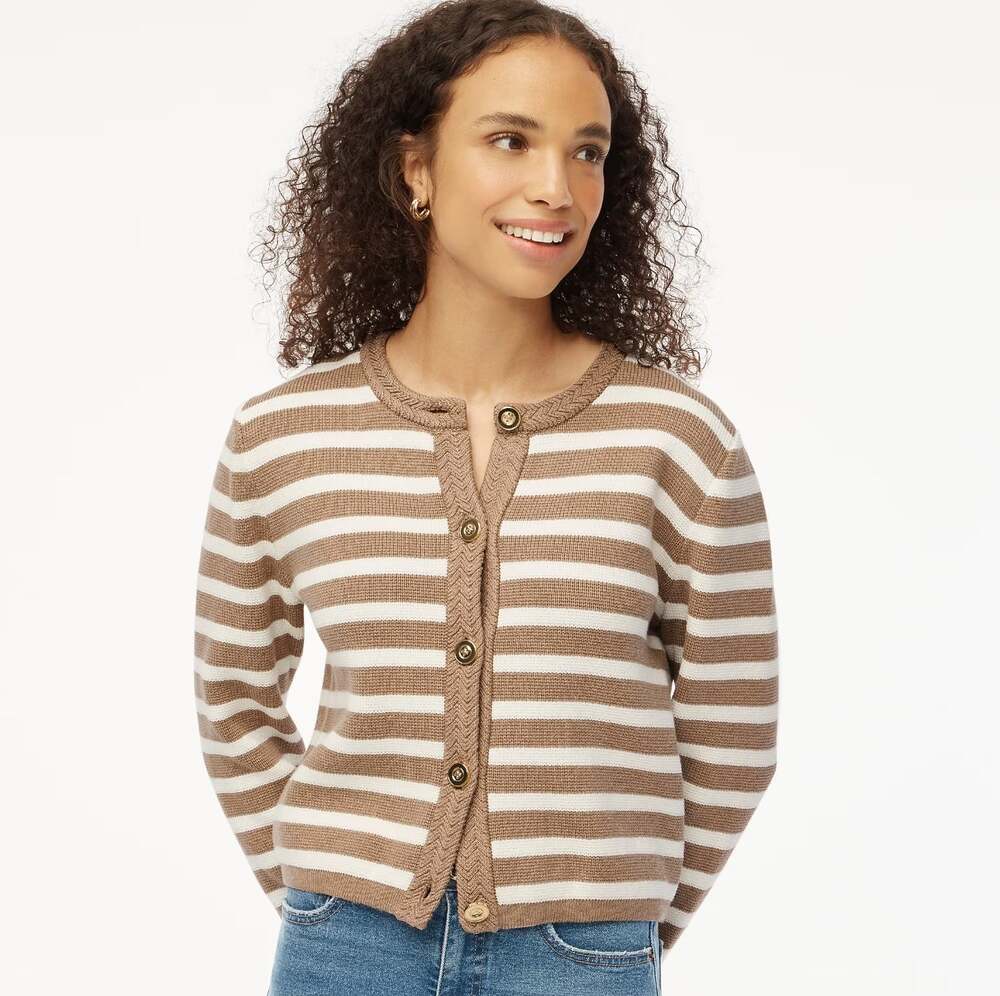 J. CREW Striped Cotton Lady Jacket Cardigan Sweater Mushroom Tan  Sz XL $138 I4